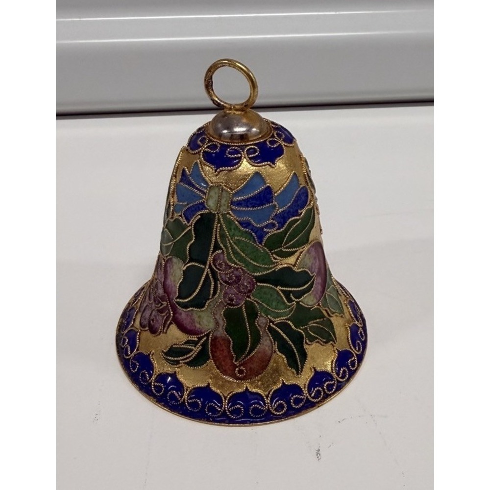 Vintage Enamel Cloisonné Bell Christmas Ornament Floral Gold Tone